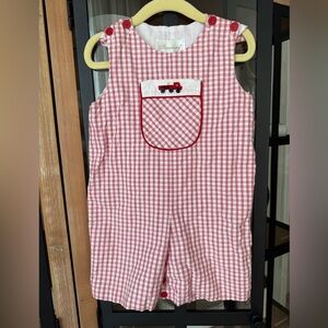 Strasburg jon jon firetruck embroidered shortall romper baby toddler boy gingham